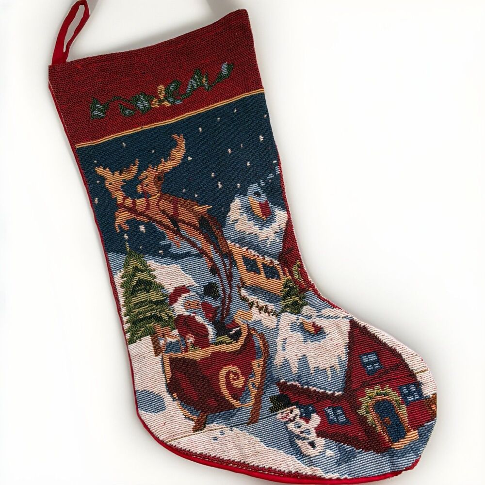 Vintage -Christmas Stocking -Tapestry Style -Santa Sleigh Reindeer Red Blue